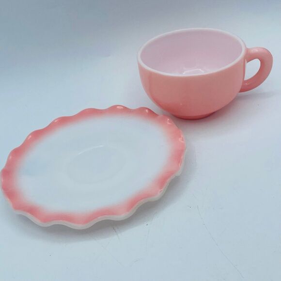 Vintage Hazel Atlas Ruffled Saucer Pink Ripple Crinoline Cup 1950s Milk Glass - Picture 3 of 12